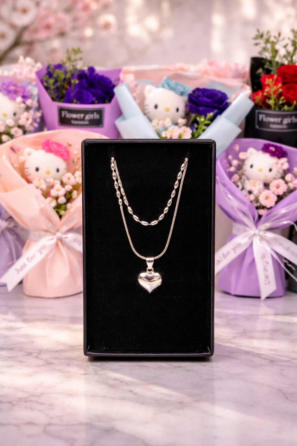 Mi Amore 925 Silberkette + Gratis Rosenstrauß