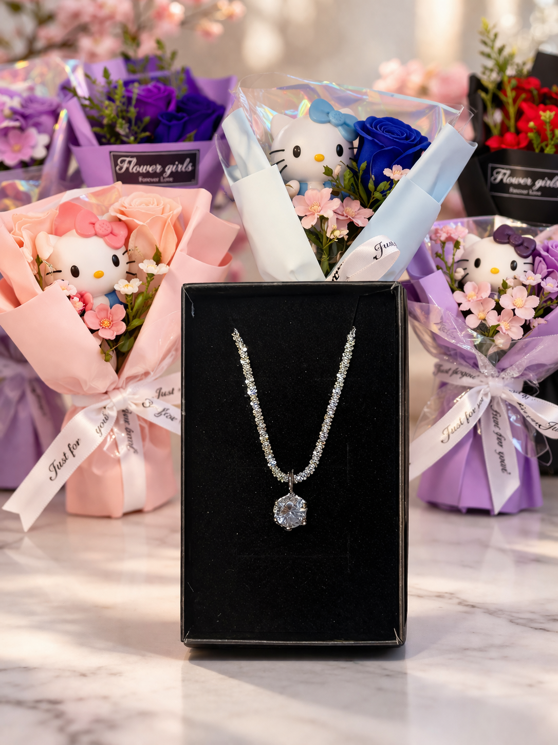 Crystal Luxe 925 Silberkette + Gratis Rosenstrauß