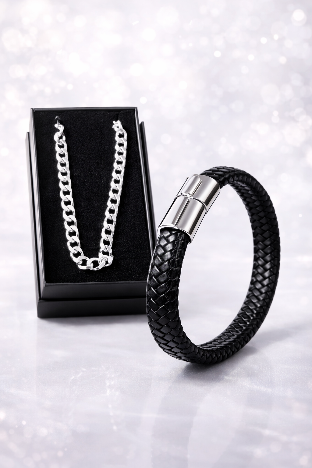 Noir 925 versilberte Kette + Gratis schwarz Lederarmband