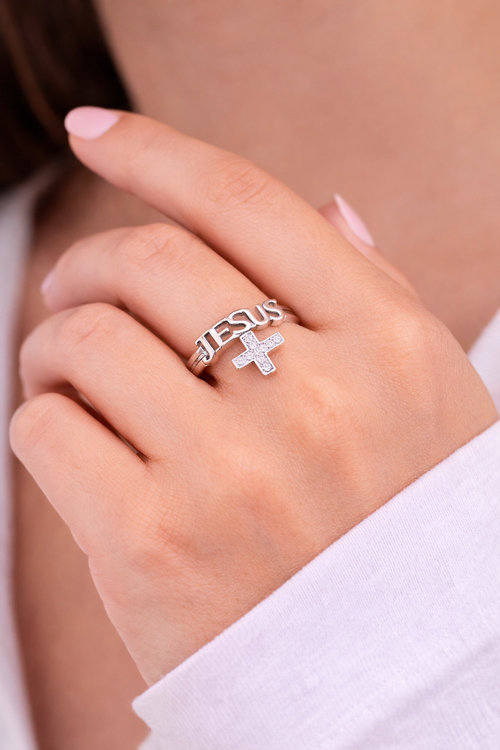 Divina 925 Kreuz Ring „Jesus“ + Gratis Rosenstrauß